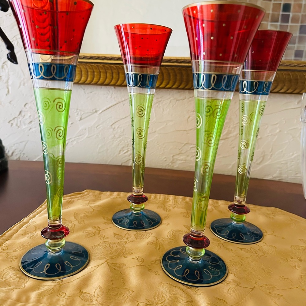 Set of 4 Colorful Hand-Painted Champagne Flutes